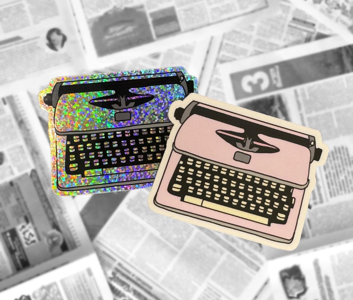 Typewriter Vinyl Sticker Pink or Blue Newsies Merrily Hand Drawn Waterproof Shiny