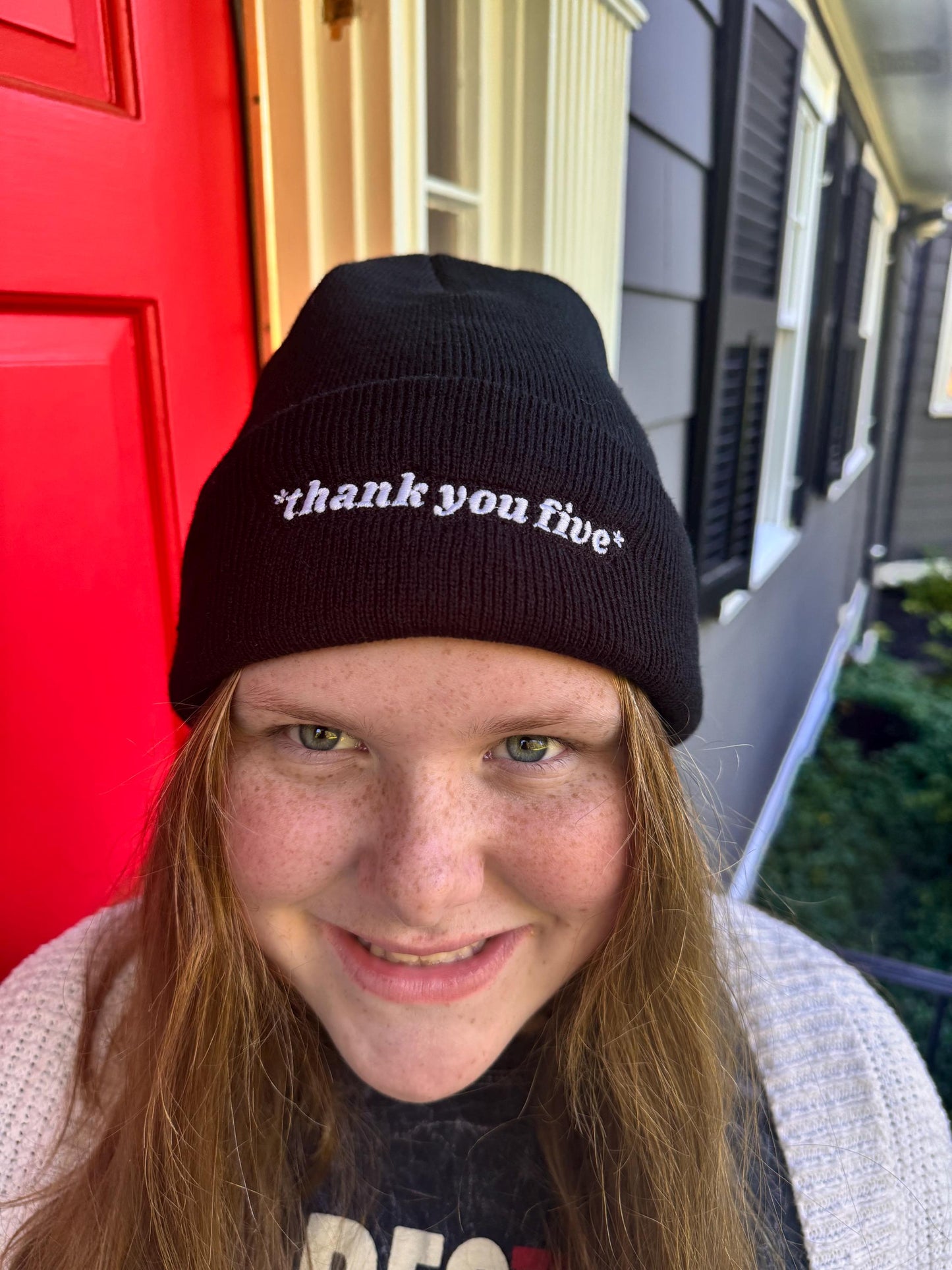 Thank You Five Beanie Theatre Stage Management Funny Saying Tech Week Winter Hat Embroidered Black