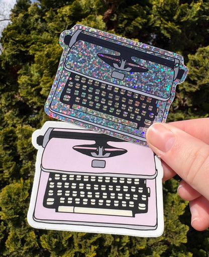 Typewriter Vinyl Sticker Pink or Blue Newsies Merrily Hand Drawn Waterproof Shiny