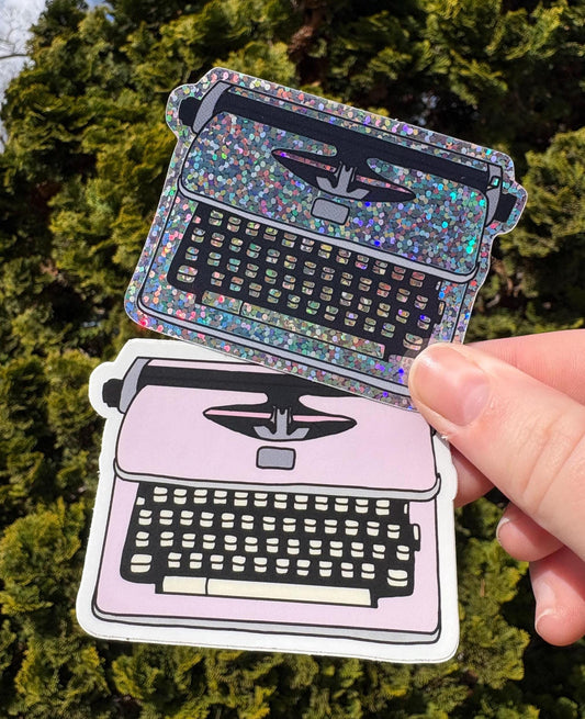 Typewriter Vinyl Sticker Pink or Blue Newsies Merrily Hand Drawn Waterproof Shiny