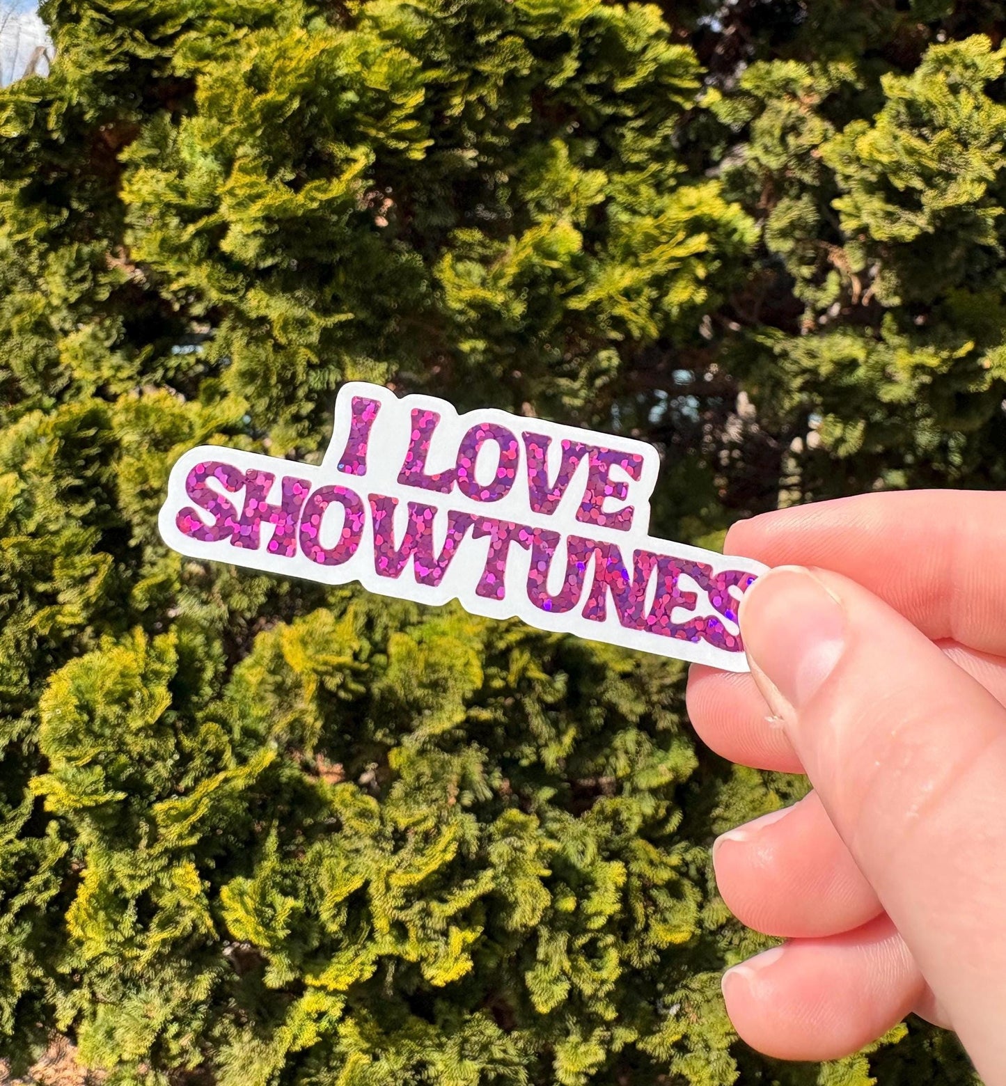 I Love Showtunes Pink Sparkly Waterproof Vinyl Sticker Broadway Theatre Lover Inspired